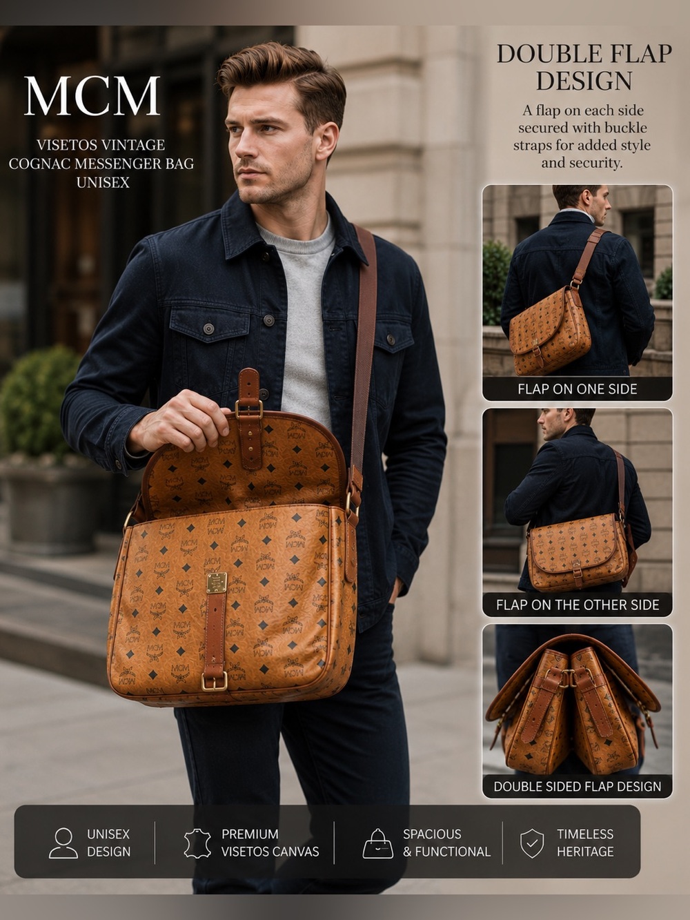 MCM VISETOS VINTAGE COGNAC TWO SIDED UNISEX MESSENGER BAG. MADE IN GERMANY